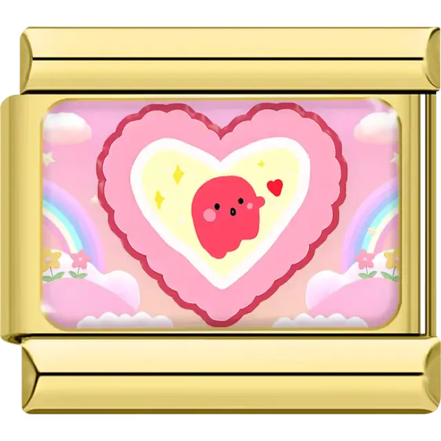 Pink blob character inside red scalloped heart yellow background rainbow clouds Italian charm bracelet link