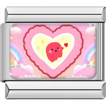 Pink blob character inside red scalloped heart yellow background rainbow clouds Italian charm bracelet link