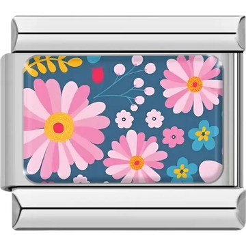 Large pink flowers with yellow centers surrounded by smaller flowers and leaves on blue background Italian charm bracelet link