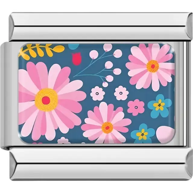 Large pink flowers with yellow centers surrounded by smaller flowers and leaves on blue background Italian charm bracelet link