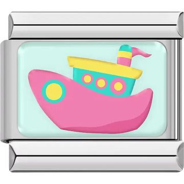 Pink boat turquoise yellow accents mint background Italian charm bracelet link