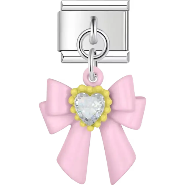 Pink bow with a crystal heart centerpiece surrounded by yellow accents Italian charm bracelet link
