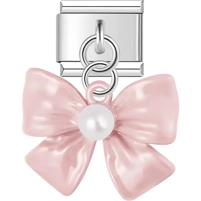 Pink bow pearl center dangle Italian charm bracelet link