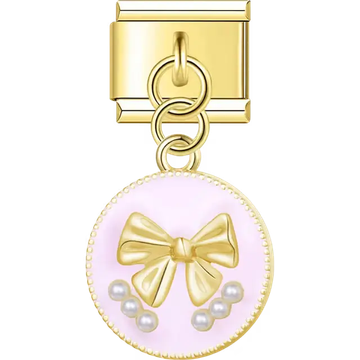 Round gold trim charm with raised bow textured pink enamel and pearl accents Italian charm bracelet link
