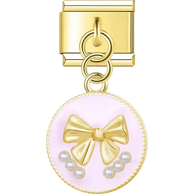 Round gold trim charm with raised bow textured pink enamel and pearl accents Italian charm bracelet link