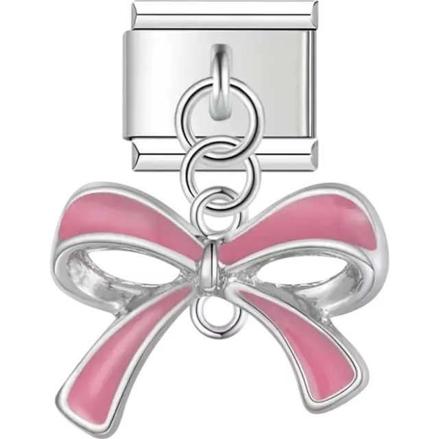 Pink bow dangle Italian charm bracelet link