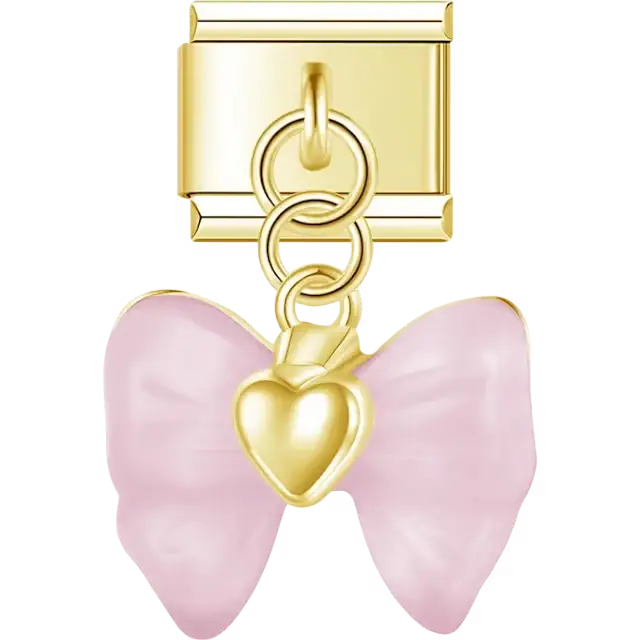 Gold tone pink bow with heart center dangle Italian charm bracelet link