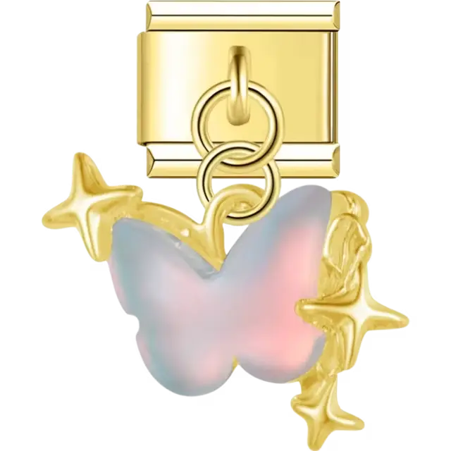 Iridescent pink butterfly with dangling stars Italian charm bracelet link