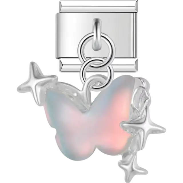 Iridescent pink butterfly with dangling stars Italian charm bracelet link