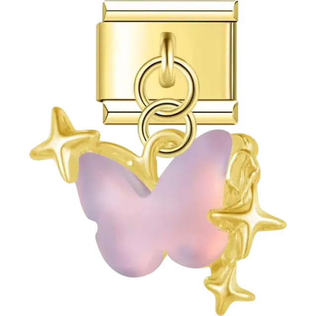 Pink butterfly charm with dangling star accents Italian charm bracelet link