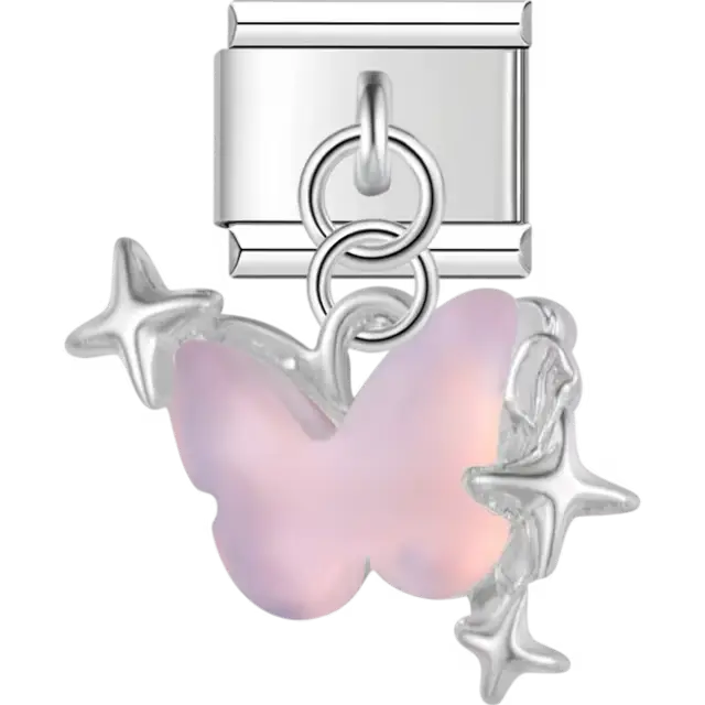 Pink butterfly charm with dangling star accents Italian charm bracelet link