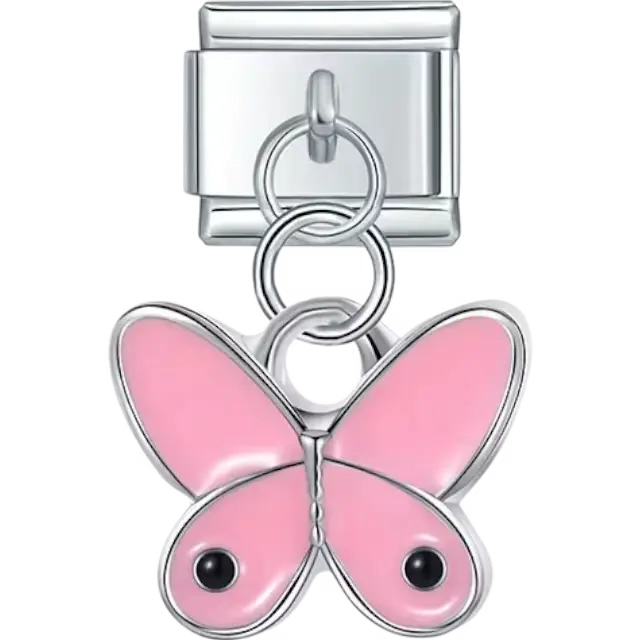 Pink butterfly dangle with black accent details Italian charm bracelet link