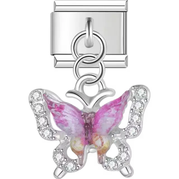 Butterfly with pink and orange gradient wings accented by sparkling crystals Italian charm bracelet link