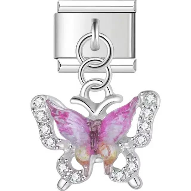 Butterfly with pink and orange gradient wings accented by sparkling crystals Italian charm bracelet link