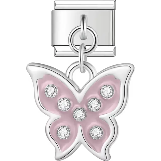 Pink butterfly with crystals dangle Italian charm bracelet link