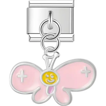 Pink butterfly dangle with a yellow smiling face Italian charm bracelet link