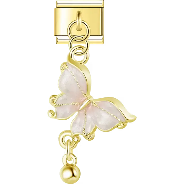 Gold trim butterfly with translucent pink enamel wings and a dangling bead Italian charm bracelet link
