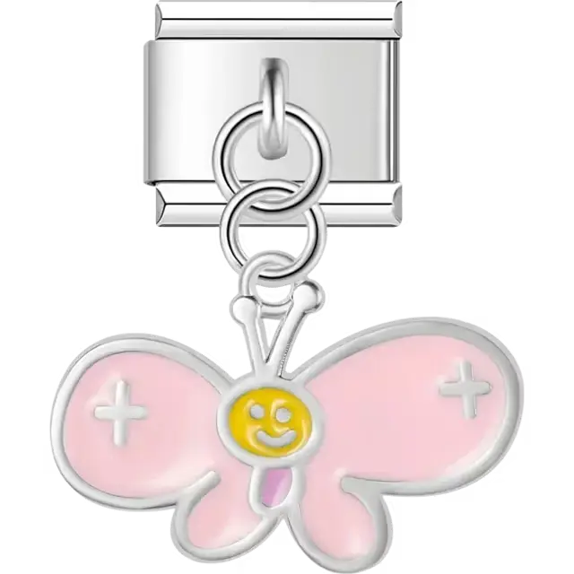 Pink butterfly dangle with a yellow smiling face Italian charm bracelet link