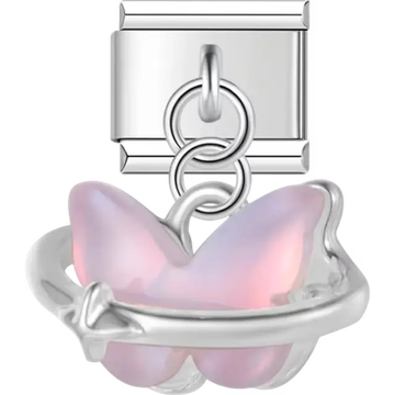 Soft pink butterfly encircled by a smooth ring Italian charm bracelet link