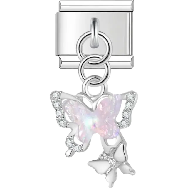 Pink butterfly with dangle butterfly Italian charm bracelet link