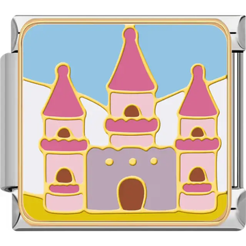 Pink and purple castle with three towers yellow accents blue sky Italian charm bracelet link