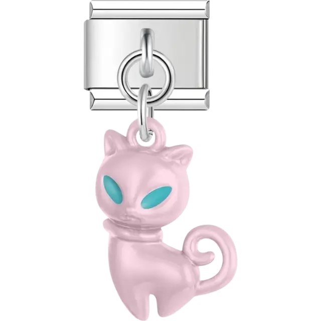 Pink cat with teal eyes dangle pendant Italian charm bracelet link