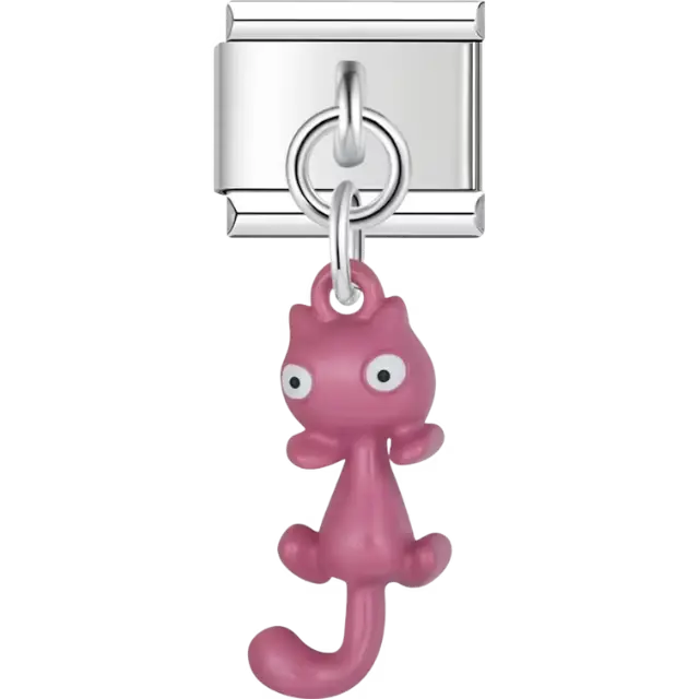Pink cat with wide eyes and a curled tail Italian charm bracelet link