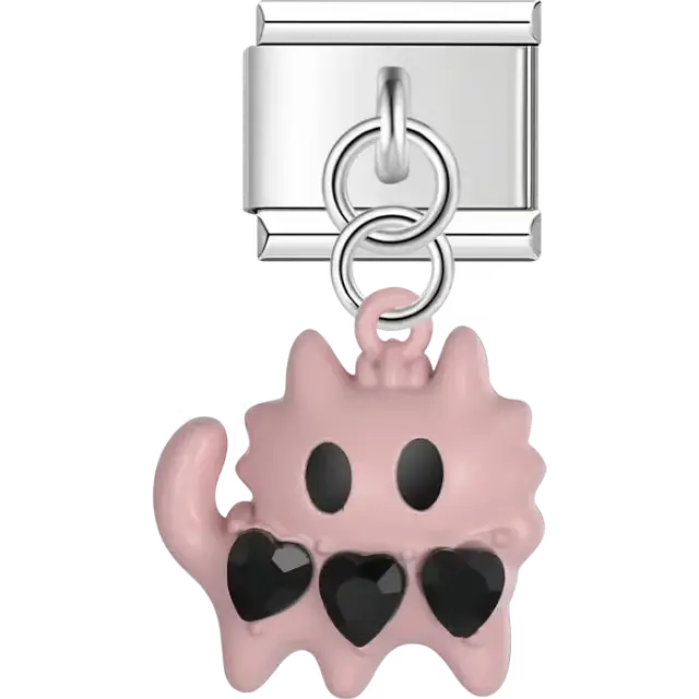 Pink cat with black crystal hearts pendant Italian charm bracelet link