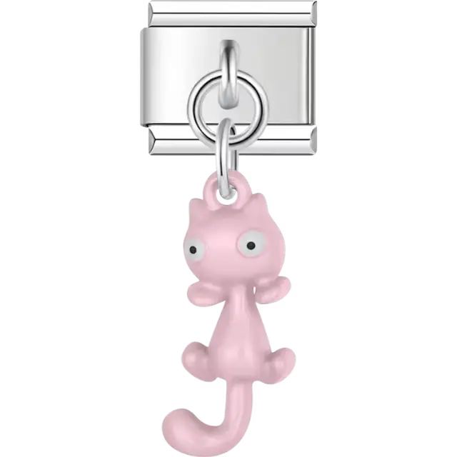 Pink cat with wide eyes and a curled tail Italian charm bracelet link