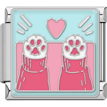 Two pink cat paws with white toes and paw prints, pink heart and accent lines on light blue background Italian charm bracelet link