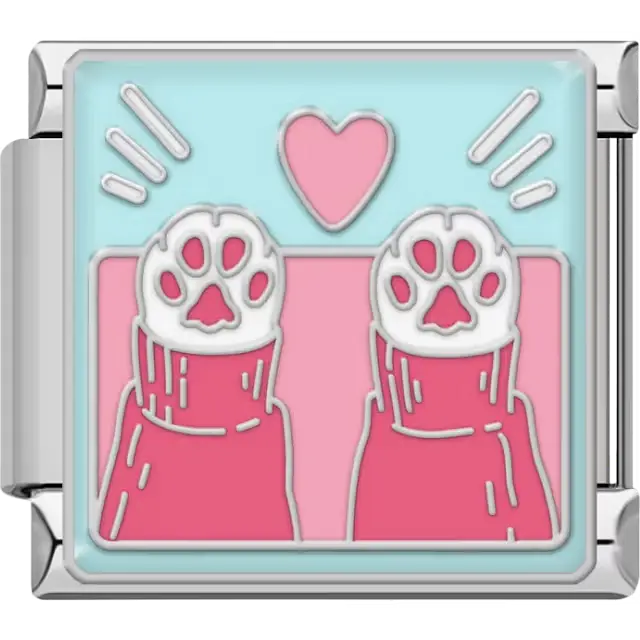 Two pink cat paws with white toes and paw prints, pink heart and accent lines on light blue background Italian charm bracelet link