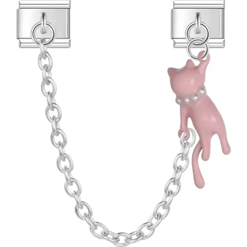 Pink cat dangle design with silver safety chain and pearl collar accent Italian charm bracelet link