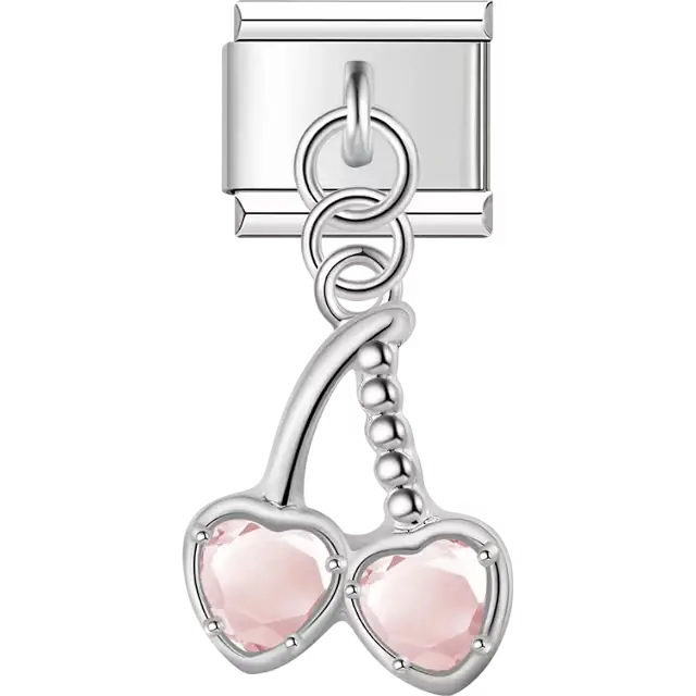 Silver double heart-shaped pink crystal cherry dangle Italian charm bracelet link