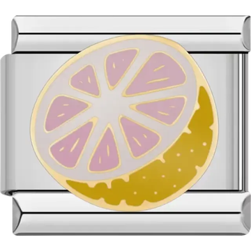 Pink citrus slice design with yellow rind Italian charm bracelet link