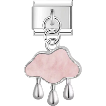 Silver cloud-shaped charm with pink enamel center and three teardrop dangles Italian charm bracelet link