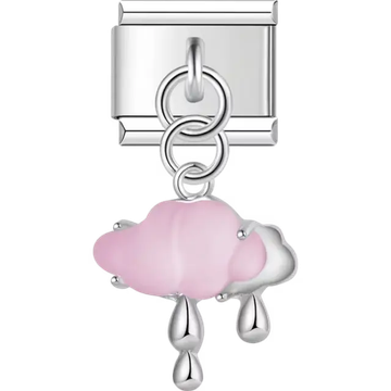 Pink and silver cloud with silver raindrop dangles Italian charm bracelet link