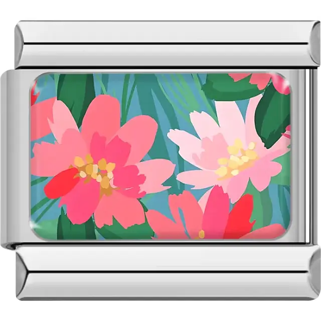 Pink and coral cosmos flowers with yellow centers and green foliage on teal background Italian charm bracelet link