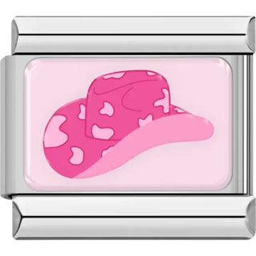 Pink cowboy hat with heart pattern on light pink background Italian charm bracelet link