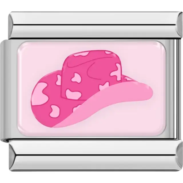 Pink cowboy hat with heart pattern on light pink background Italian charm bracelet link