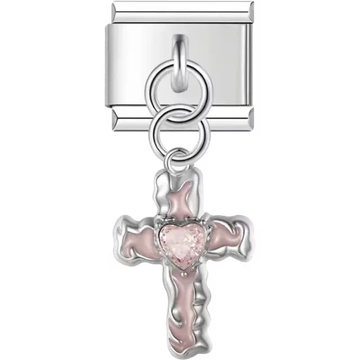 Cross with soft pink detailing and a pink heart-shaped crystal at the center in a dangle design Italian charm bracelet link