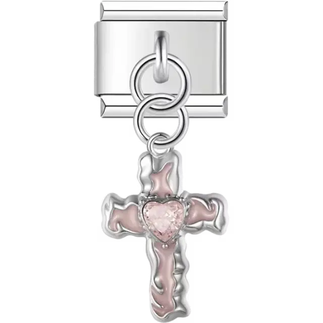 Cross with soft pink detailing and a pink heart-shaped crystal at the center in a dangle design Italian charm bracelet link