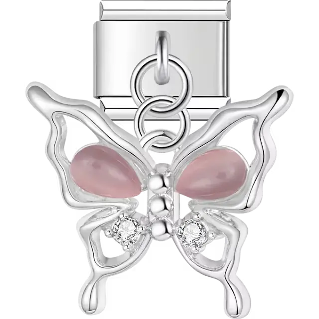 Butterfly with pink crystal wings and clear crystals dangle Italian charm bracelet link