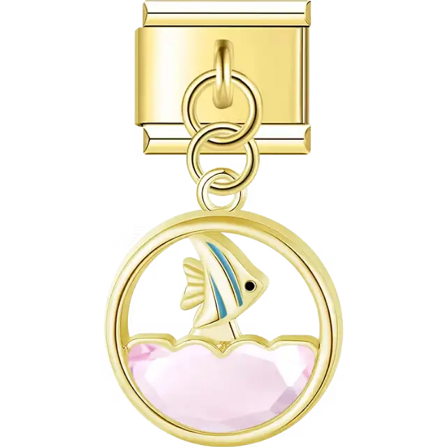 Fish with blue accents swimming above pink crystal water dangle Italian charm bracelet link