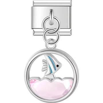Fish with blue accents swimming above pink crystal water dangle Italian charm bracelet link