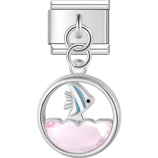 Fish with blue accents swimming above pink crystal water dangle Italian charm bracelet link