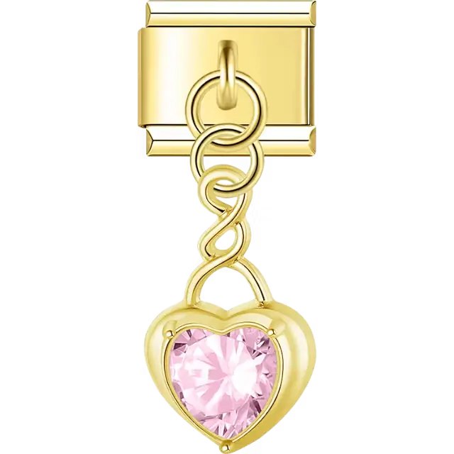 Heart-shaped pink crystal with twisted chain dangle Italian charm bracelet link