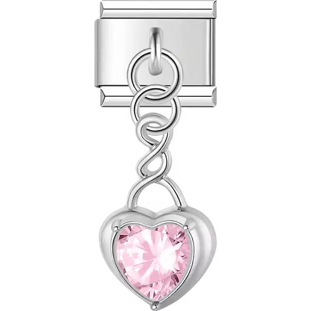 Heart-shaped pink crystal with twisted chain dangle Italian charm bracelet link