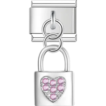 Silver heart lock pendant with pink crystals Italian charm bracelet link