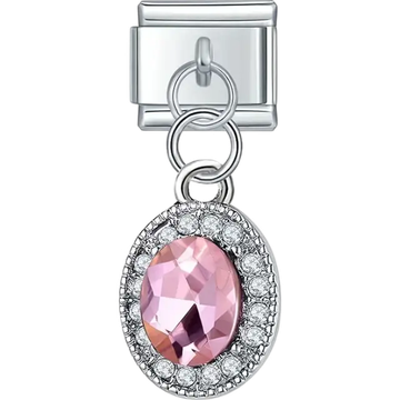 Pink oval crystal framed with clear crystals dangle Italian charm bracelet link
