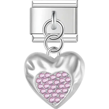 Silver heart pendant with pink crystal accents Italian charm bracelet link